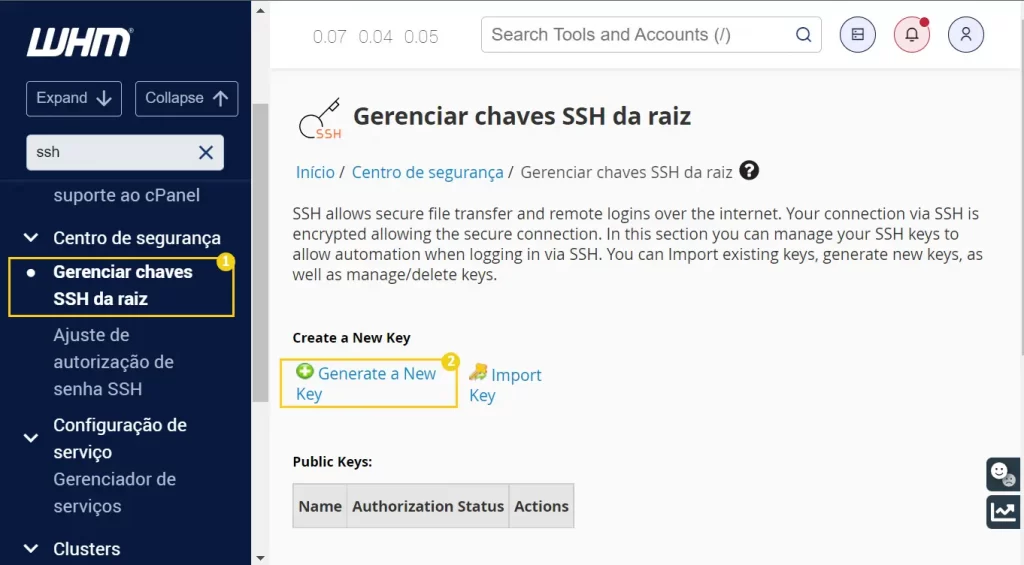 Gerando uma chave SSH via WHM