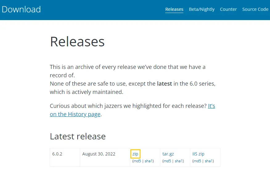 Download da última release do WordPress