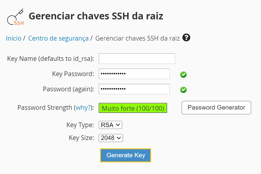 Configurando os parâmetros de utilização da chave SSH no WHM