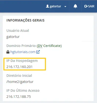 IP da hospedagem no cPanel