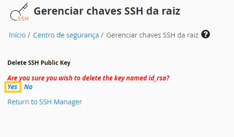 Confirmando exclusão de chave SSH no WHM