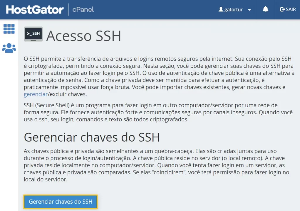 Gerenciar chaves SSH cPanel