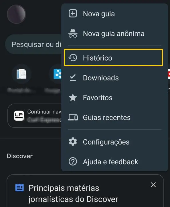 Aba histórico do Google Chrome