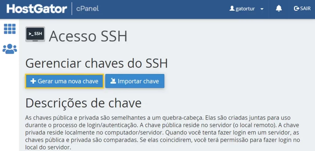 Gerar nova chave SSH no cPanel