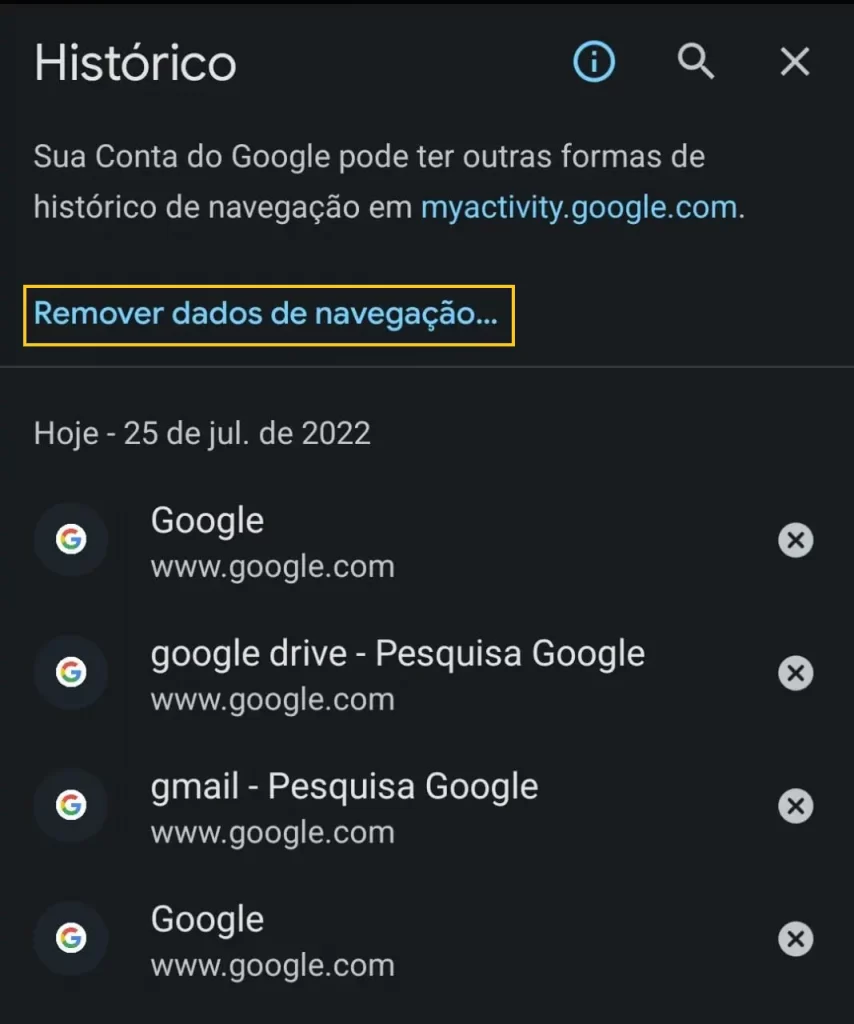 Remover dados de navegação do Google Chrome