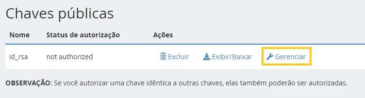 Gerenciar autorização de chave SSH no cPanel