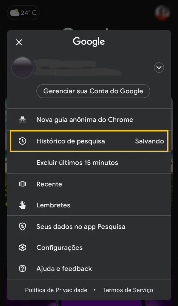 Histórico de pesquisa do google