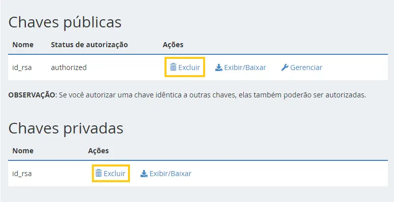 Excluir chaves SSH no cPanel