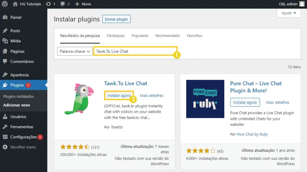 Instalar o plugin Tawk to