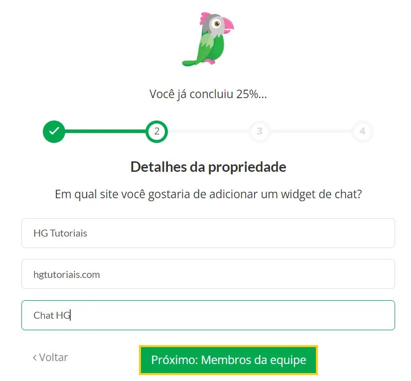 Definindo as propriedades do chat wordpress