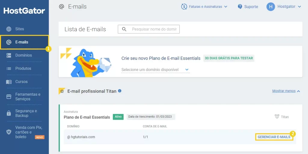 E-mails > Gerenciar e-mails portal do cliente HostGator