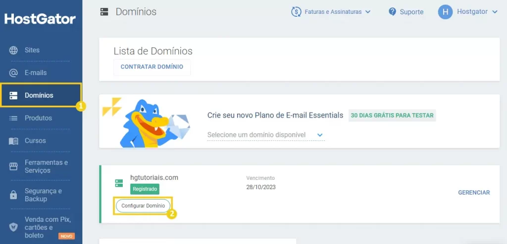 Domínios > Configurar Domínio no portal do cliente HostGator