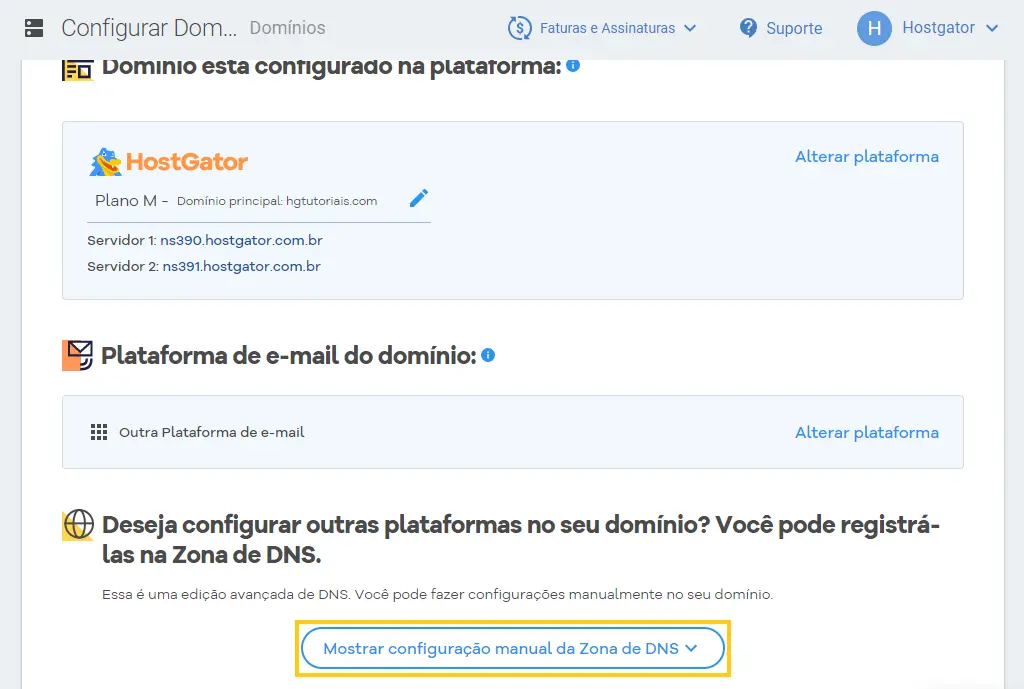 Mostrar configuração manual da Zona de DNS