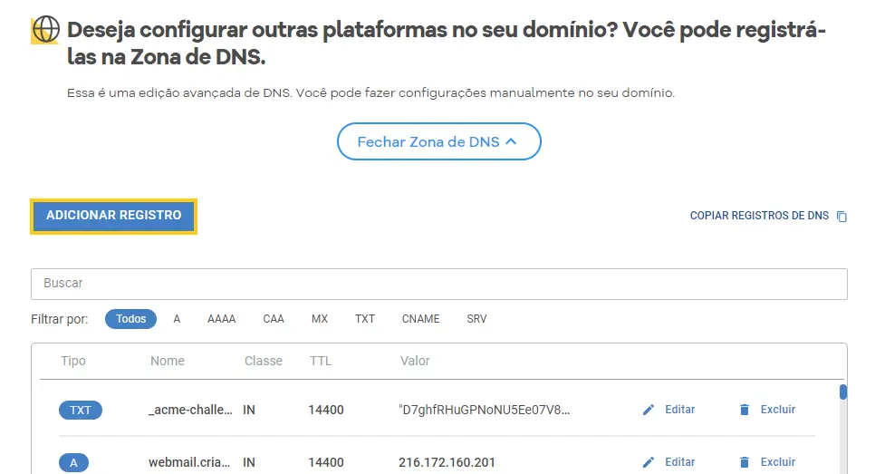 Adicionar registro na zona DNS do domínio