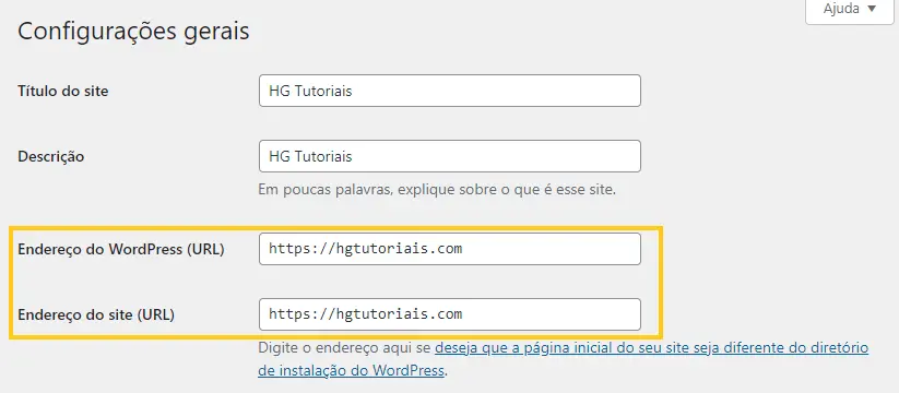 Endereço do WordPress e Site