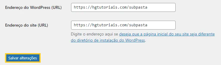 Salvar alterações de endereço do WordPress para mudar diretório