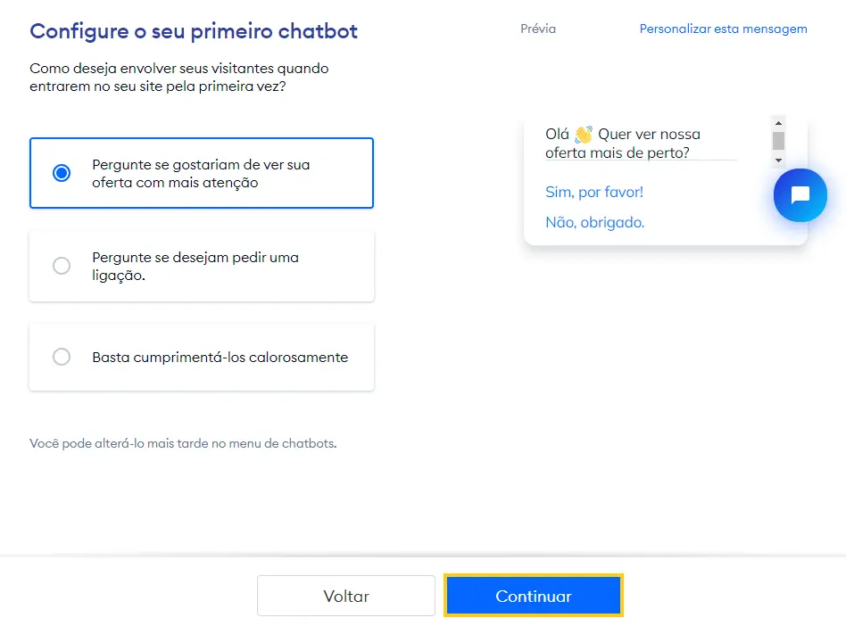 Configure a primeira mensagem do seu Chat Bot