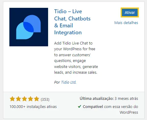 Ativar plugin Tidio no WordPress