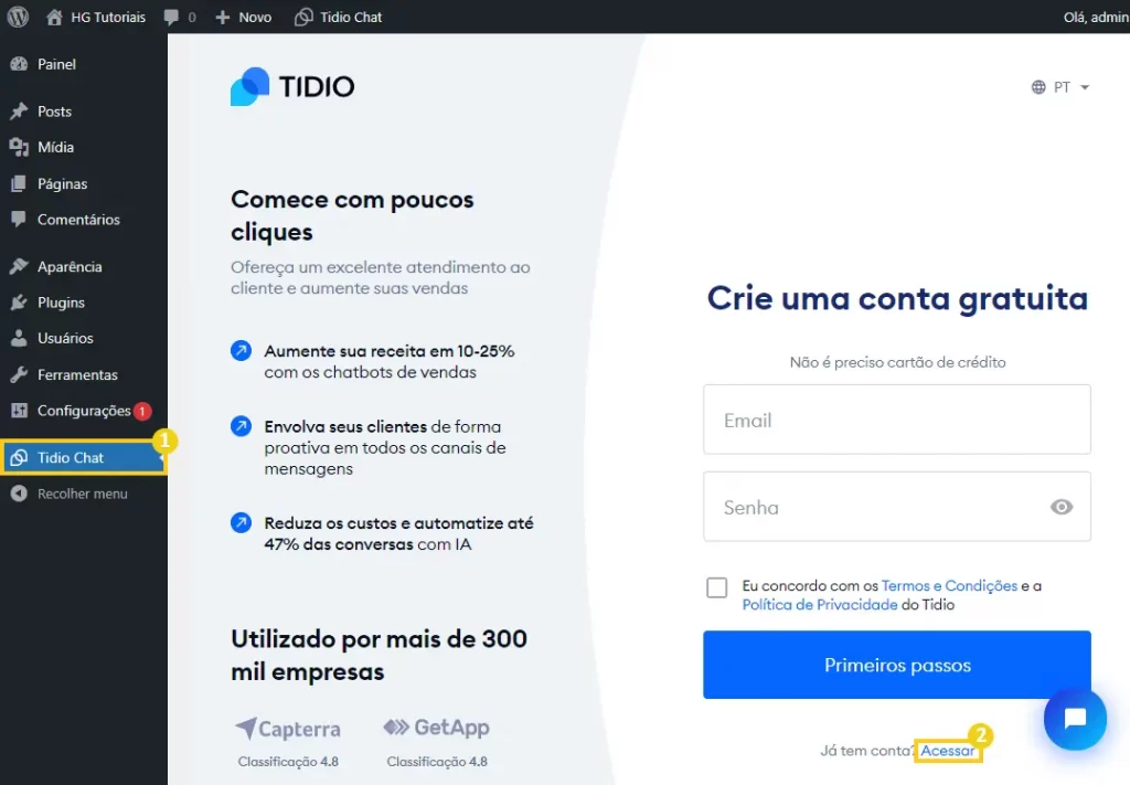 Tidio Chat acessar conta WordPress