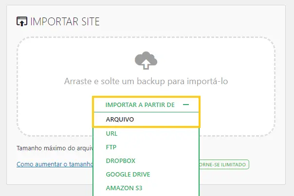 All-in-One WP Migration importar de arquivo