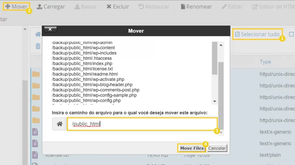 Movendo os arquivos do WordPress para o diretório de instalação do WordPress