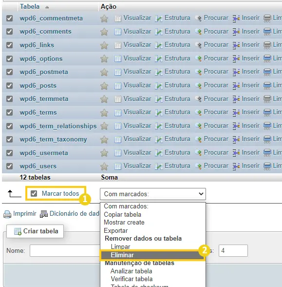 Eliminando as tabelas atuais do banco de dados do WordPress