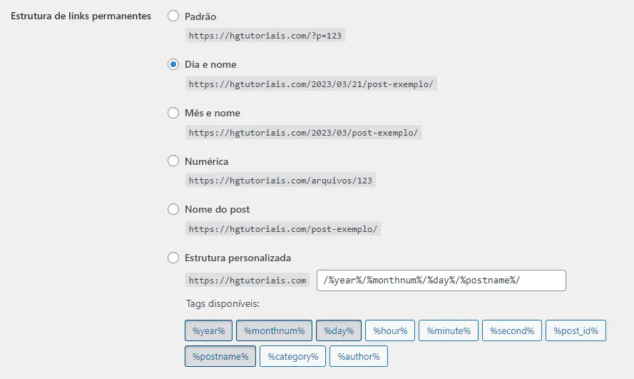 Estrutura de links permanentes no WordPress