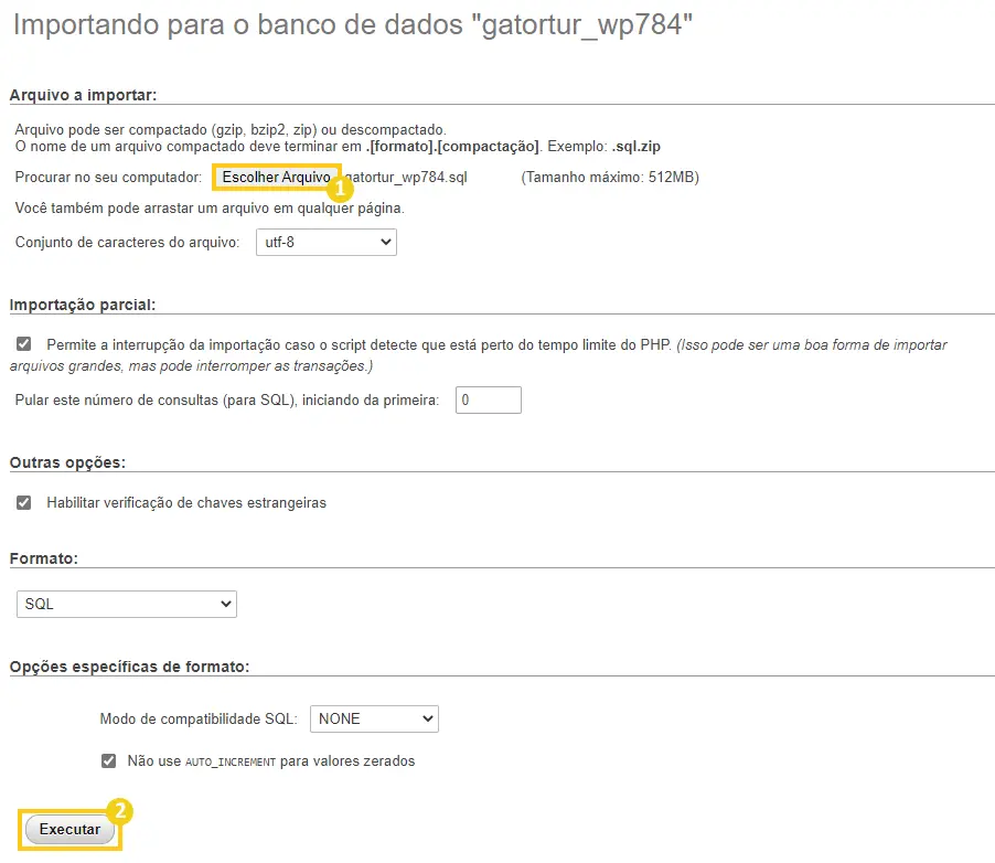 Importando o arquivo de backup do banco de dados do WordPress