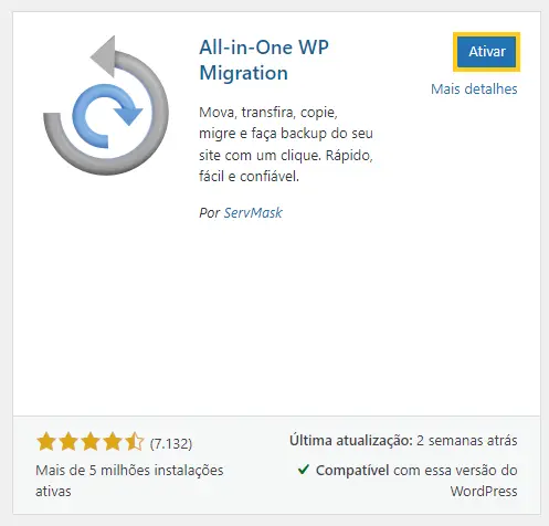 Ativar plugin All-in-One WP Migration no WordPress