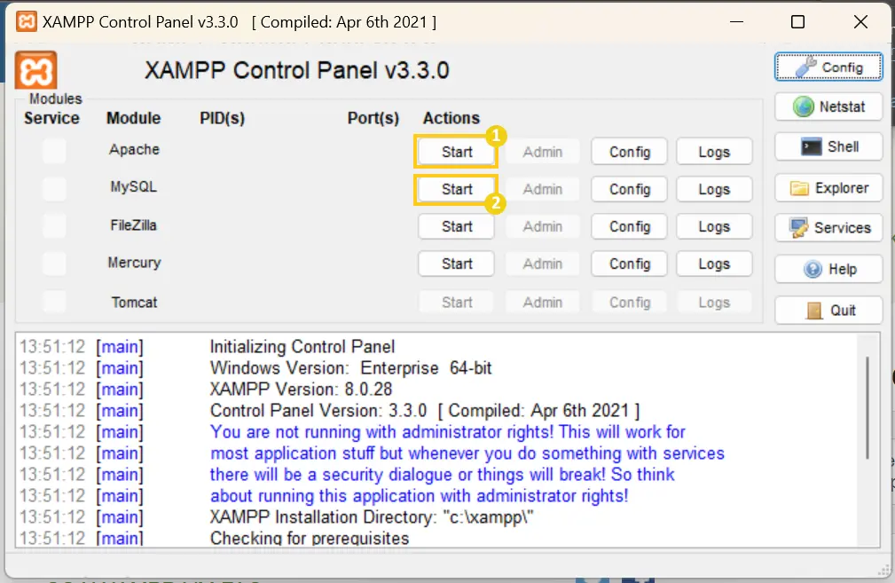 XAMPP ativar os módulos Apache e MySQL