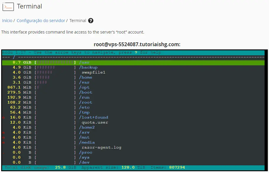 ver espaço disco servidor com ncdu