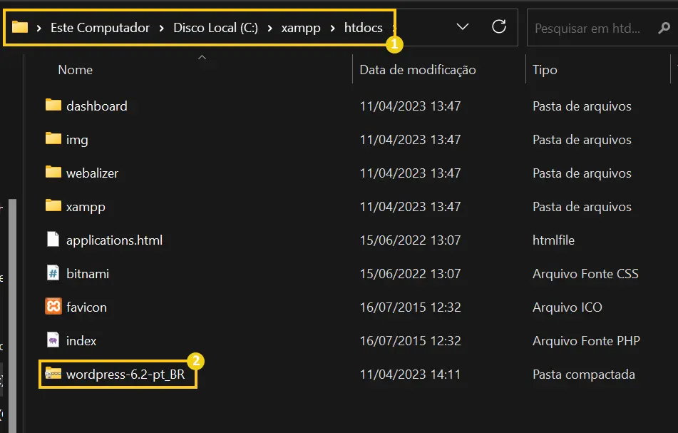 Mover os arquivos do WordPress para o diretório C:\xampp\htdocs
