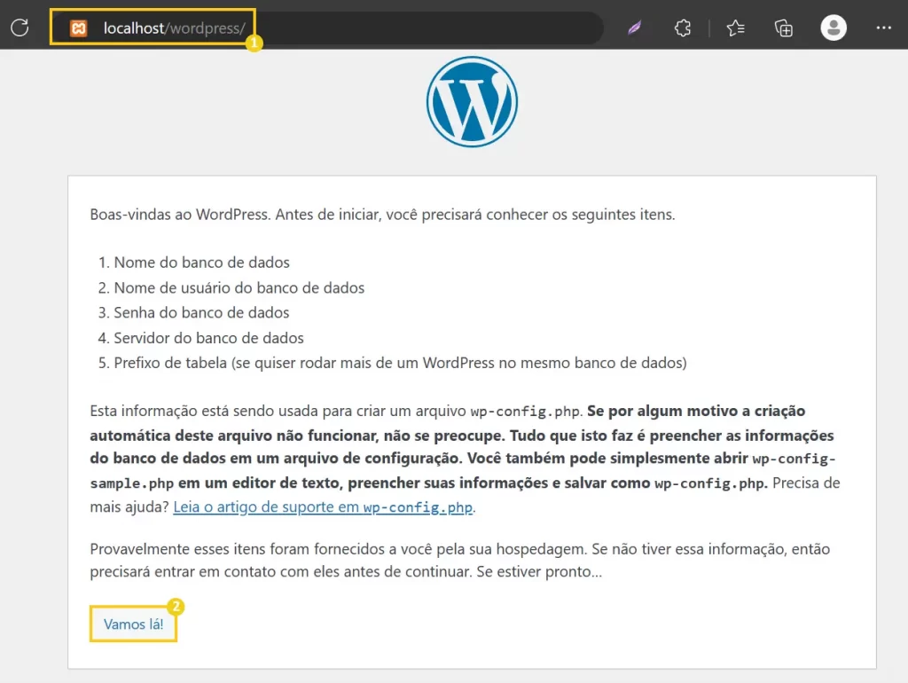 Acessar o localhost de instalação do WordPress