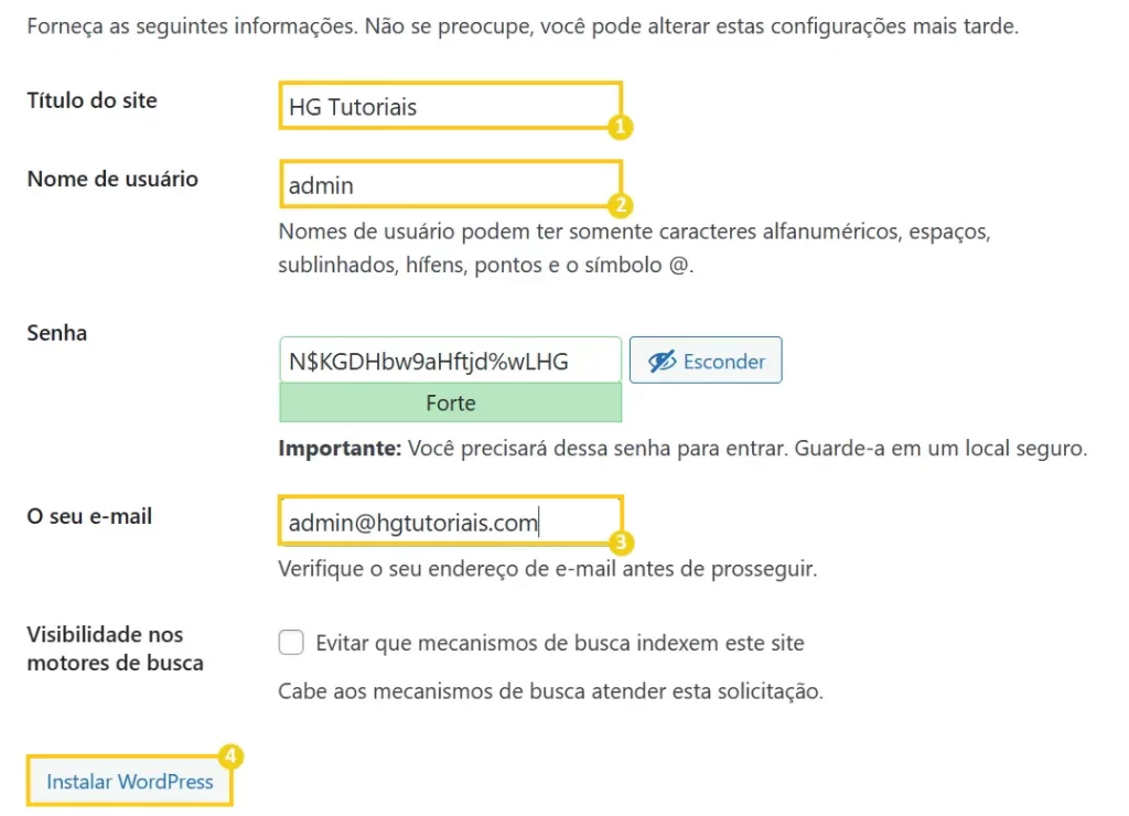 Dados de cadastro do site WordPress