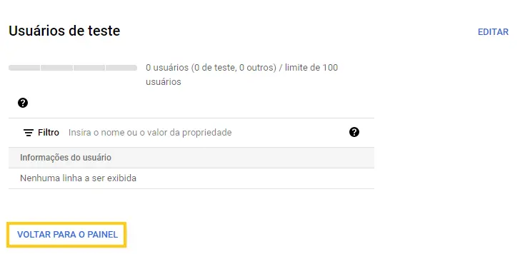 Voltar paira o painel do Google Plataform