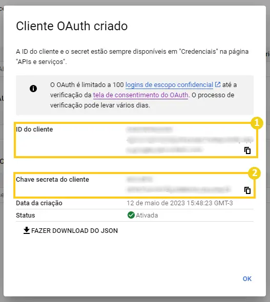 ID do Cliente OAuth e Chave secreta do cliente