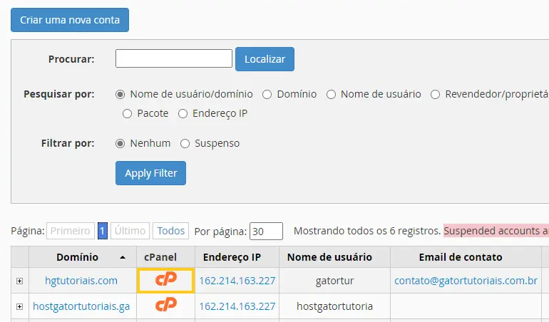 Acessar conta cPanel via WHM