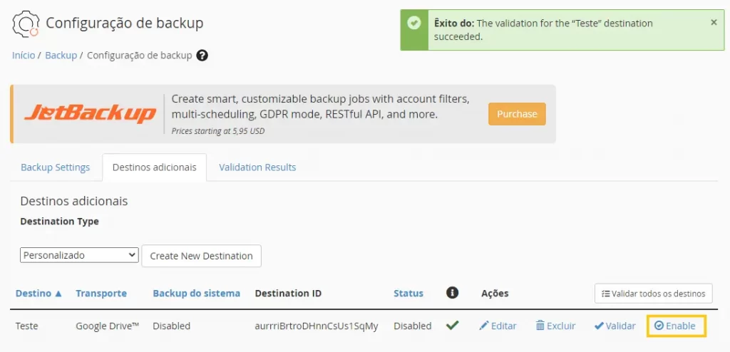 Habilitar Google Drive via Configuração de Backup