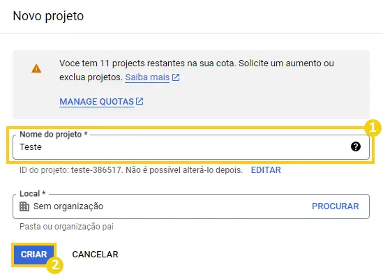 Definir nome do projeto no Google Cloud