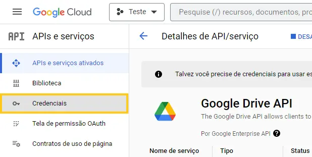 Credenciais da API do Google Drive