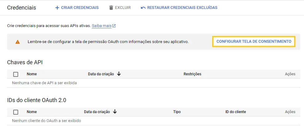 Configurar tela de consentimento da API do Google Drive