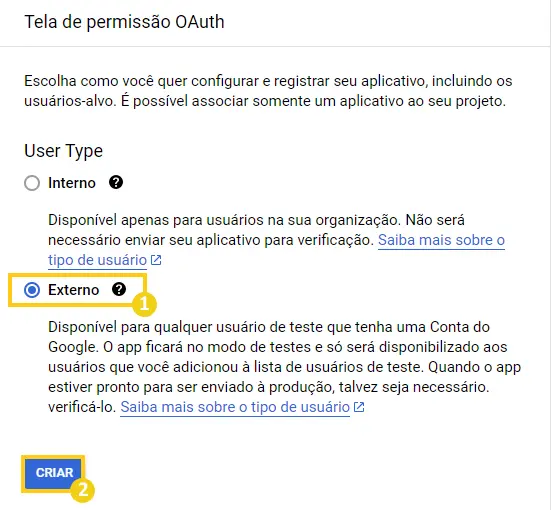 Criar tela de permissão OAuth Externo