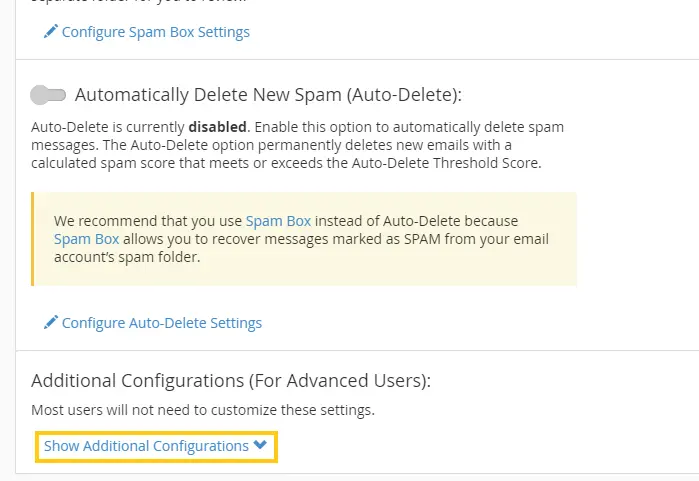 Show additional Configuration cPanel Spam Filters