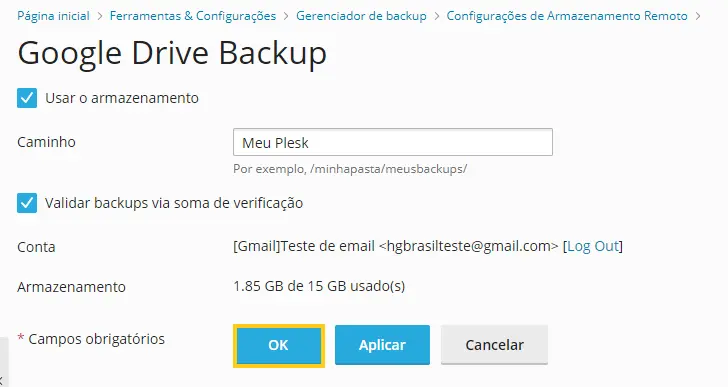 Configurações do armazenamento do backup plesk no Google Drive