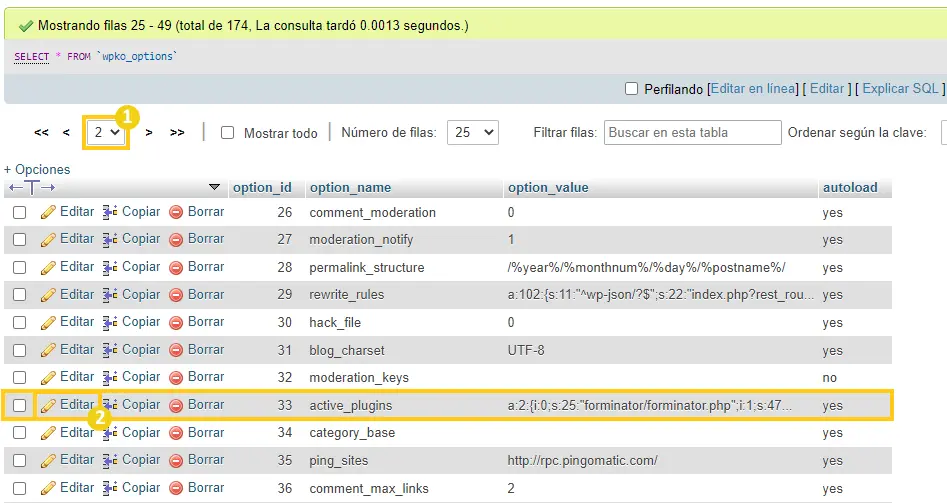 Localizar a linha de plugin ativos