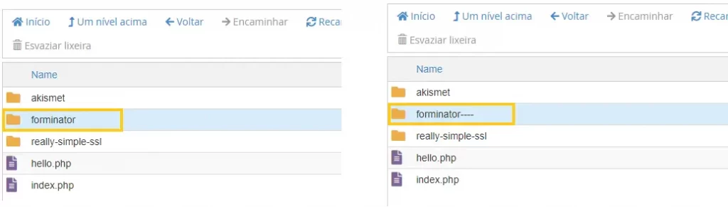 Renomear a pasta do plugin de WordPress para desabilitar