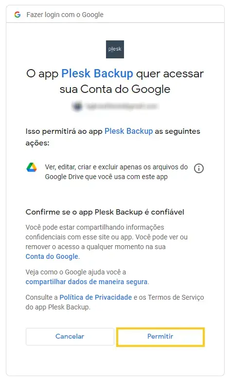 Permitir plesk no Google Drive