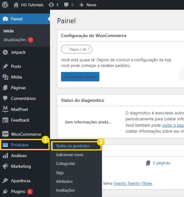 Aba do WordPress Produtos > Todos os Produtos