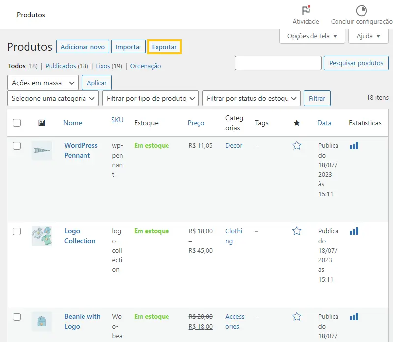 Exportar listas de produtos do WooCommerce