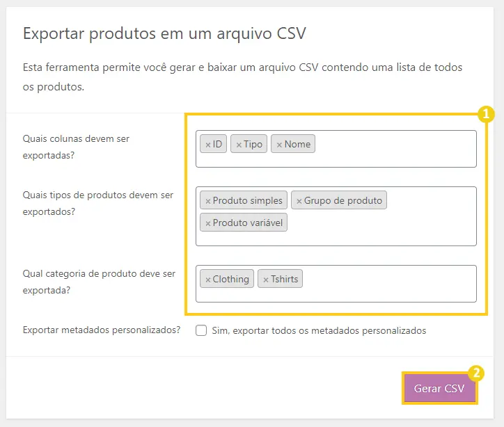 Categorias de produtos e colunas filtros de exportação woocommerce